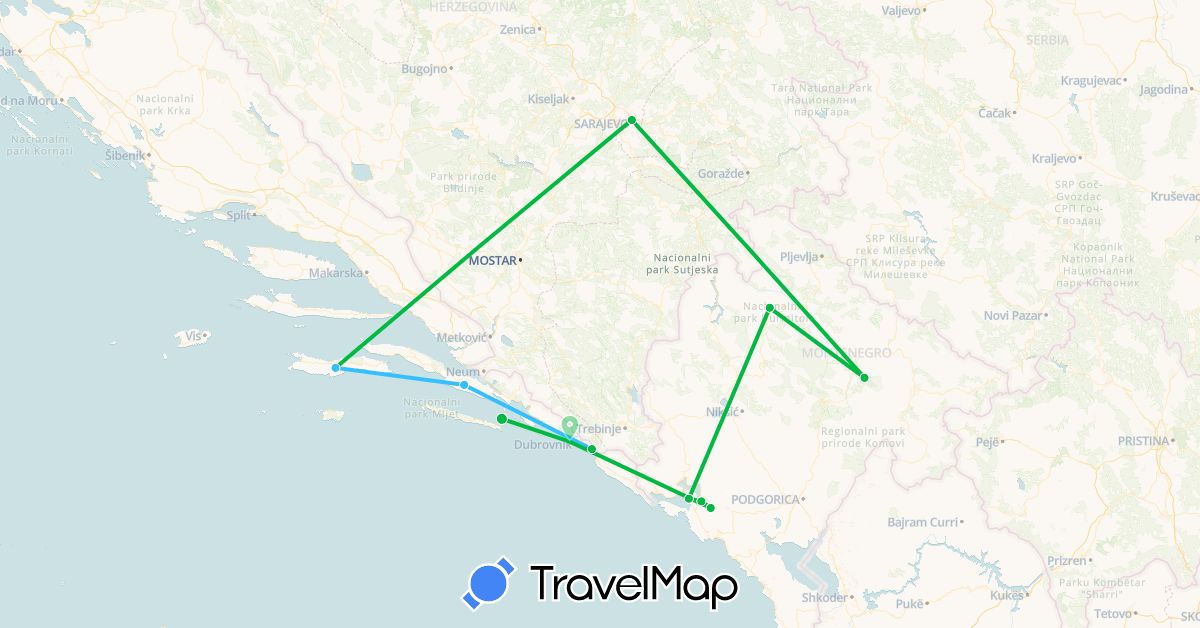TravelMap itinerary: bus, plane, boat in Bosnia and Herzegovina, Croatia, Montenegro (Europe)