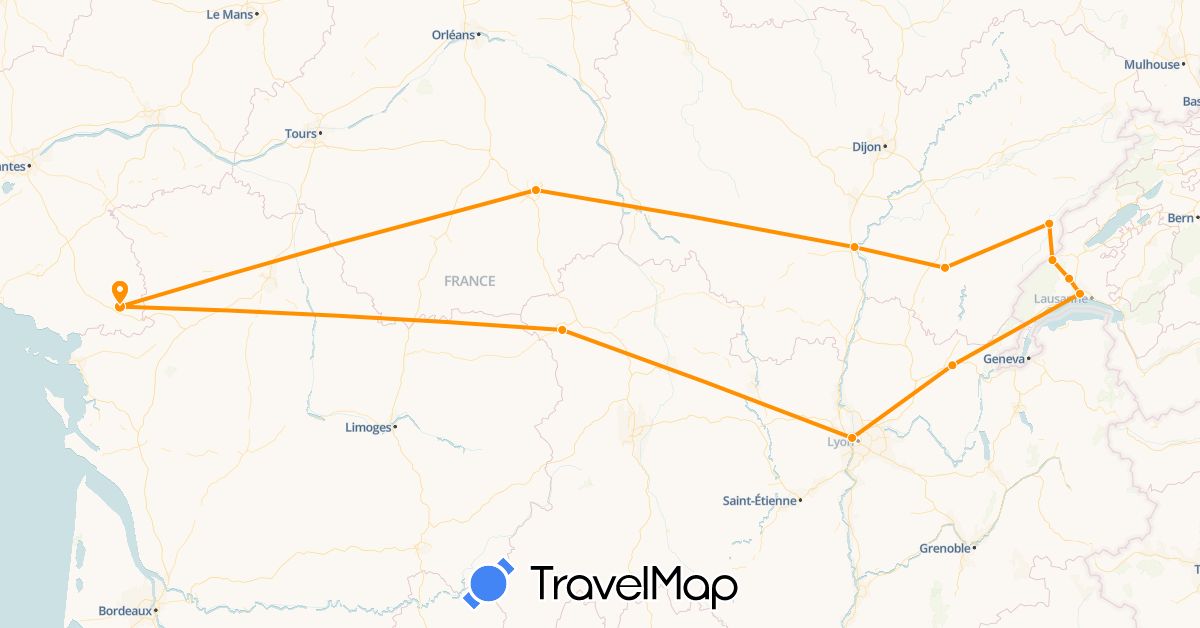 TravelMap itinerary: hitchhiking in Switzerland, France (Europe)