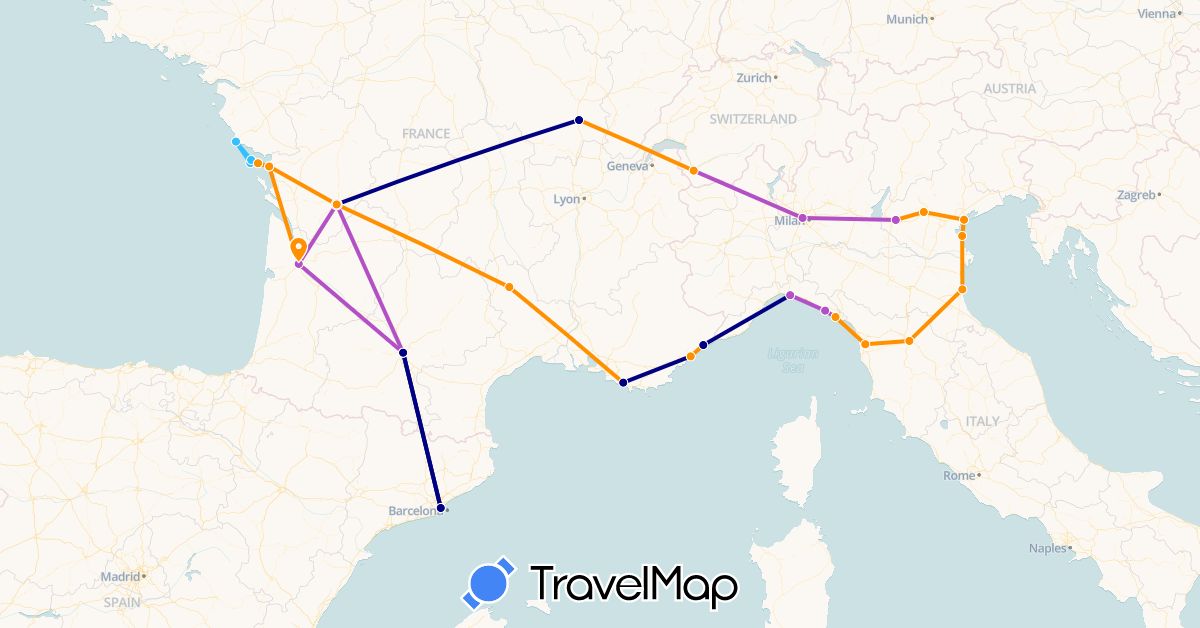 TravelMap itinerary: driving, train, boat, hitchhiking in Switzerland, Spain, France, Italy (Europe)