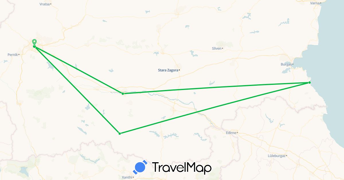 TravelMap itinerary: driving, bus in Bulgaria (Europe)